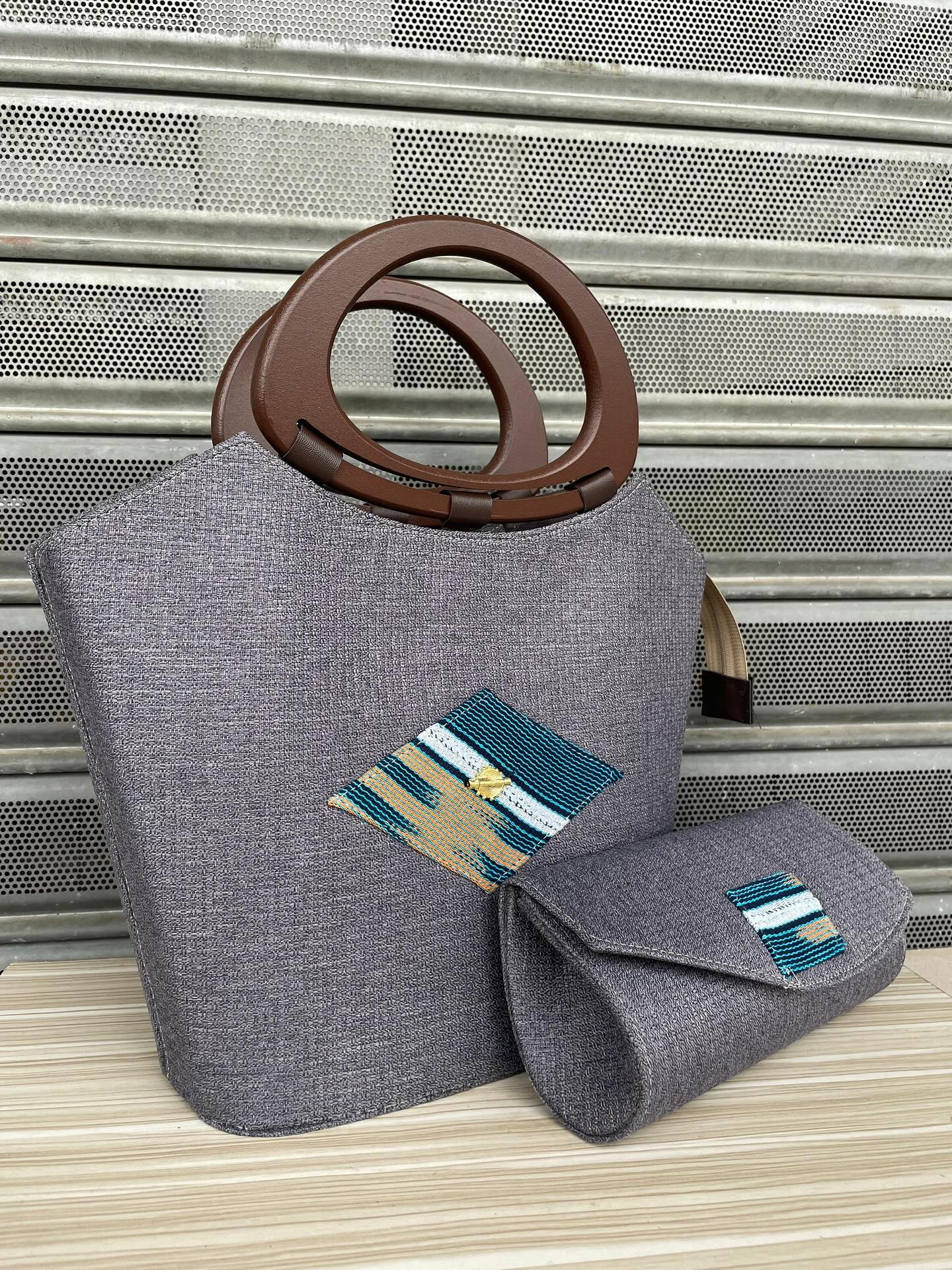 Ensemble Sac & Pochette Gris Kente